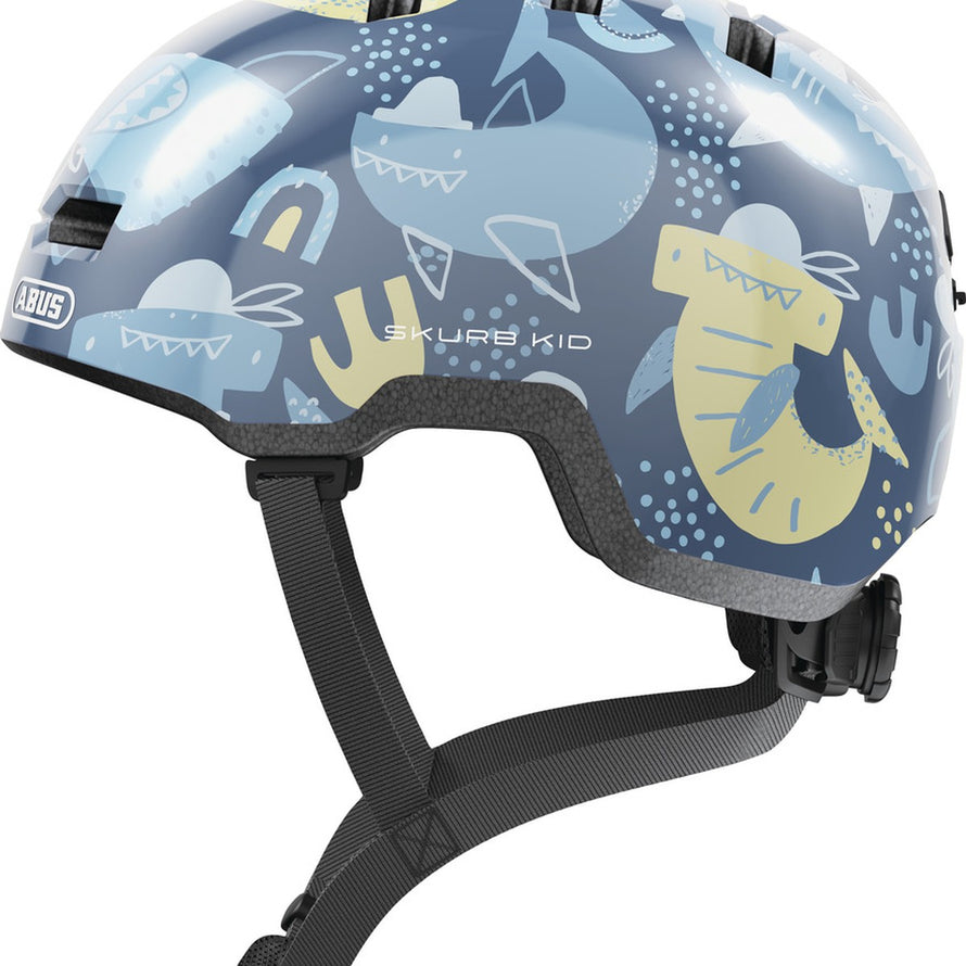 Casque vélo enfant Skurb Kid Abus motif dinosaures bleu, sécurité et confort pour les petits cyclistes