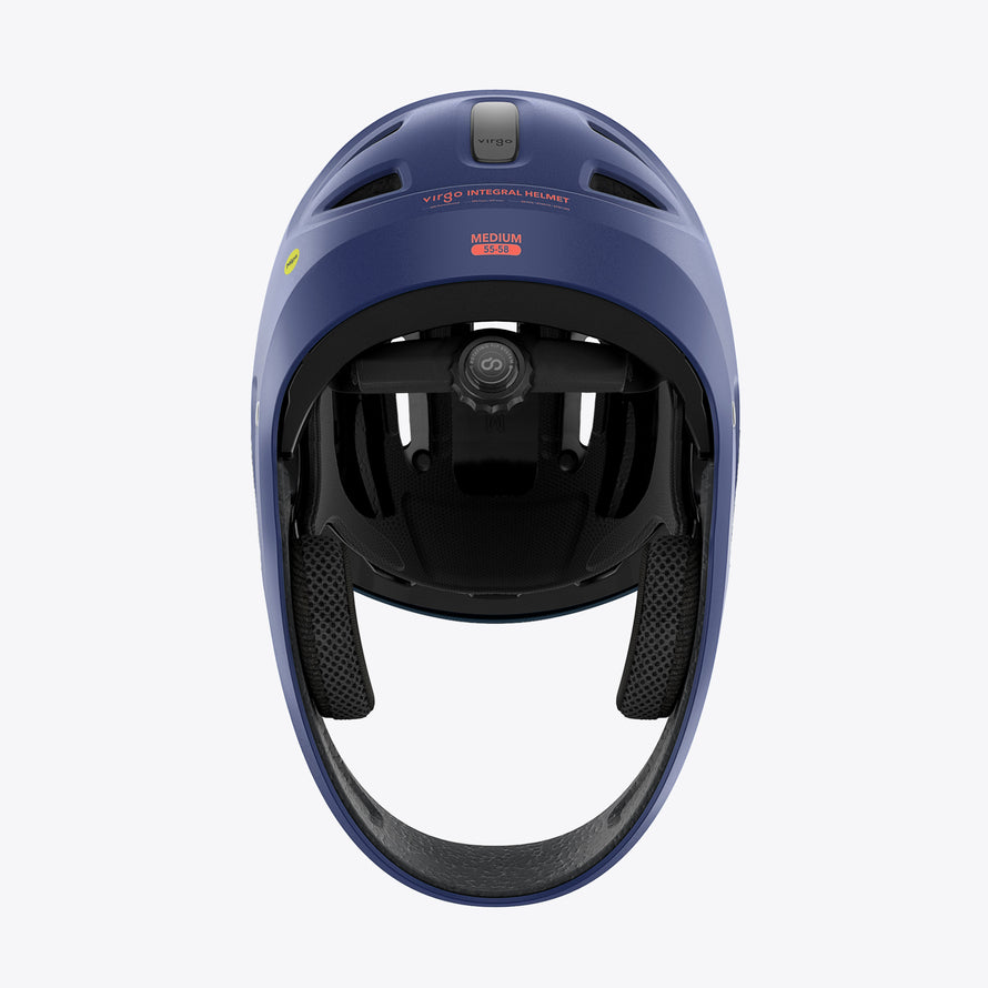 vue inférieure du casque intégral enfant Virgo Kid bleu MIPS, montrant la ventilation et le système de réglage.