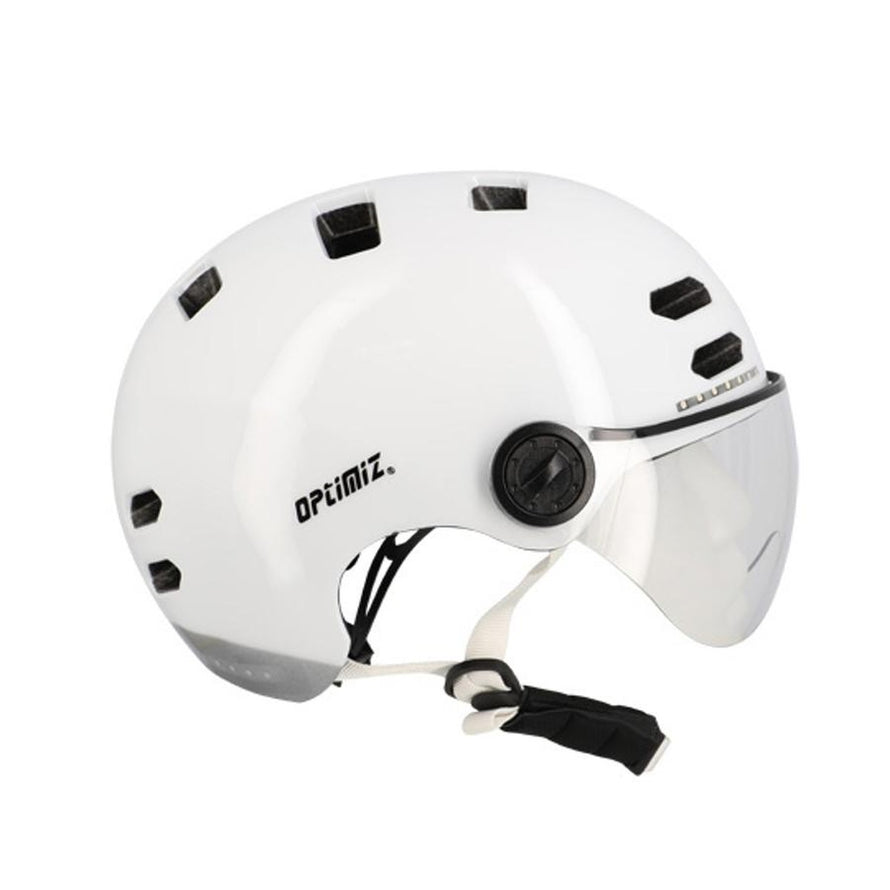 Casque vélo Optimiz à visière avec clignotants LED intégrés blanc pour sécurité et confort en ville