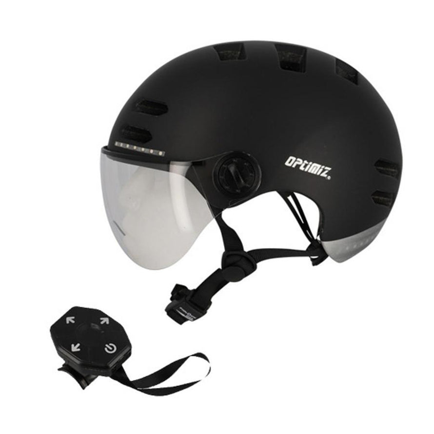 Casque vélo Optimiz avec visière et clignotants intégrés, télécommande pour signalisation sécurisée en ville