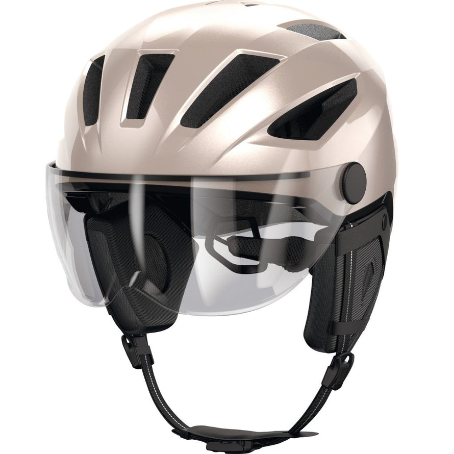 Vue de côté du casque vélo Abus Pedelec 2.0 Ace champagne avec visière abaissée