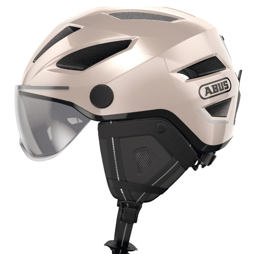 Casque vélo Abus Pedelec 2.0 Ace champagne vue de profil avec mentonnière réglable