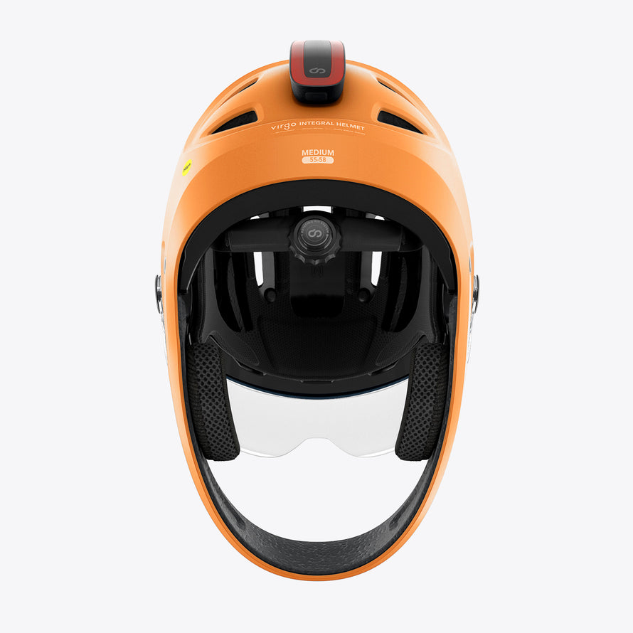 Casque Virgo Integral orange avec feu arrière – Vue arrière du casque orange mettant en avant le feu LED intégré pour une meilleure visibilité.