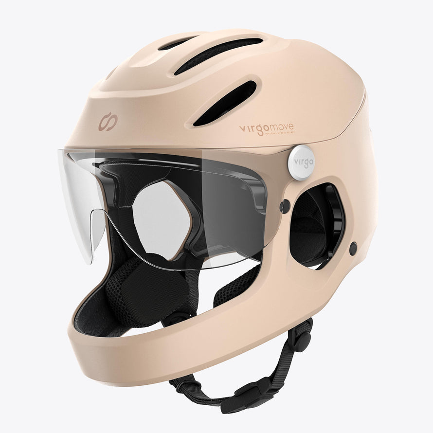 Casque Virgo Integral beige – Vue de profil du casque intégral beige, conçu pour la sécurité des cyclistes urbains en vélo électrique.