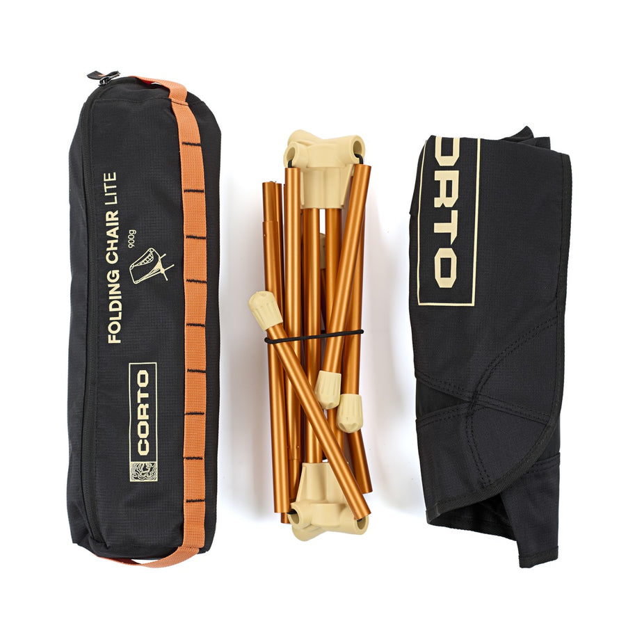 Chaise pliable legere Corto modele compacte avec armature aluminium orange et housse noire pour cyclisme et camping