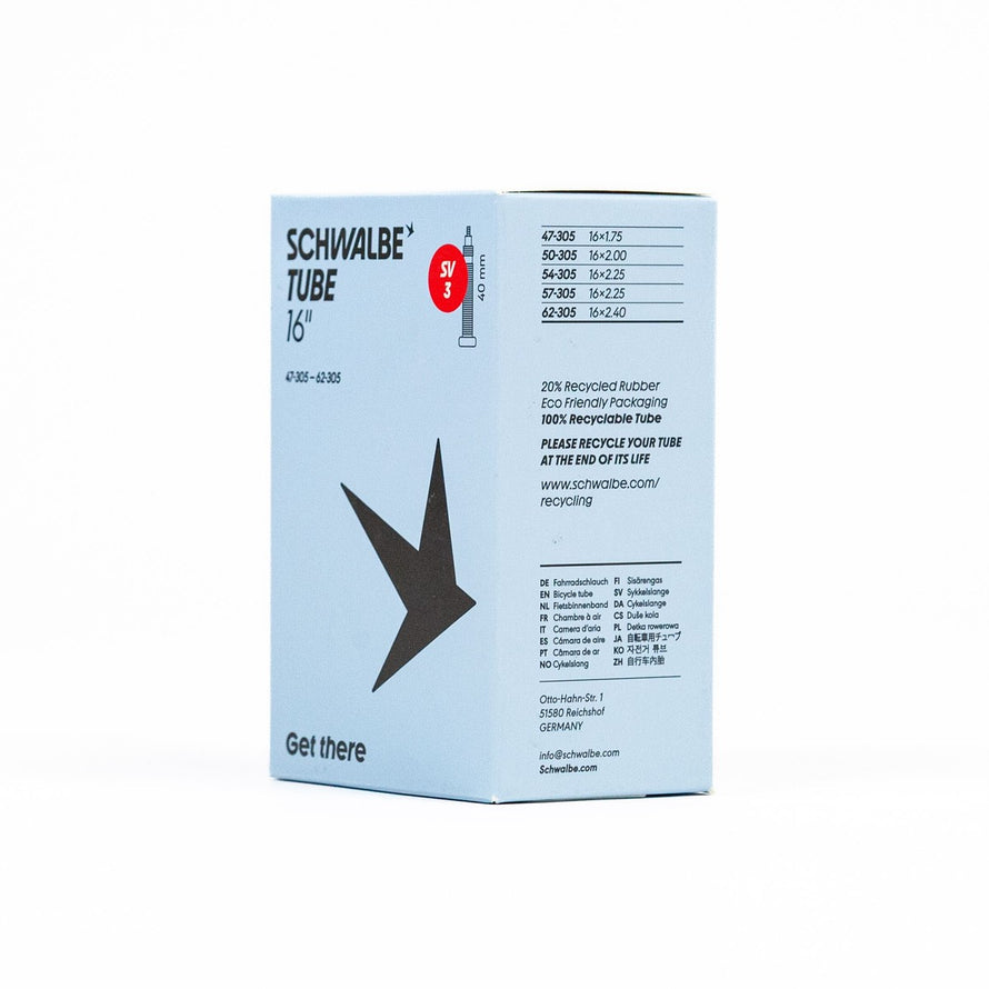 Chambre a air 16 pouces Schwalbe avec emballage eco responsable et tube recyclable