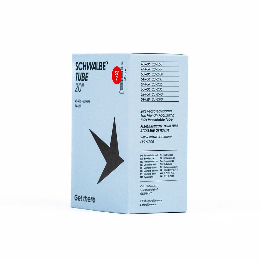 Emballage chambre a air 20 pouces Schwalbe eco responsable avec details tailles et recyclage