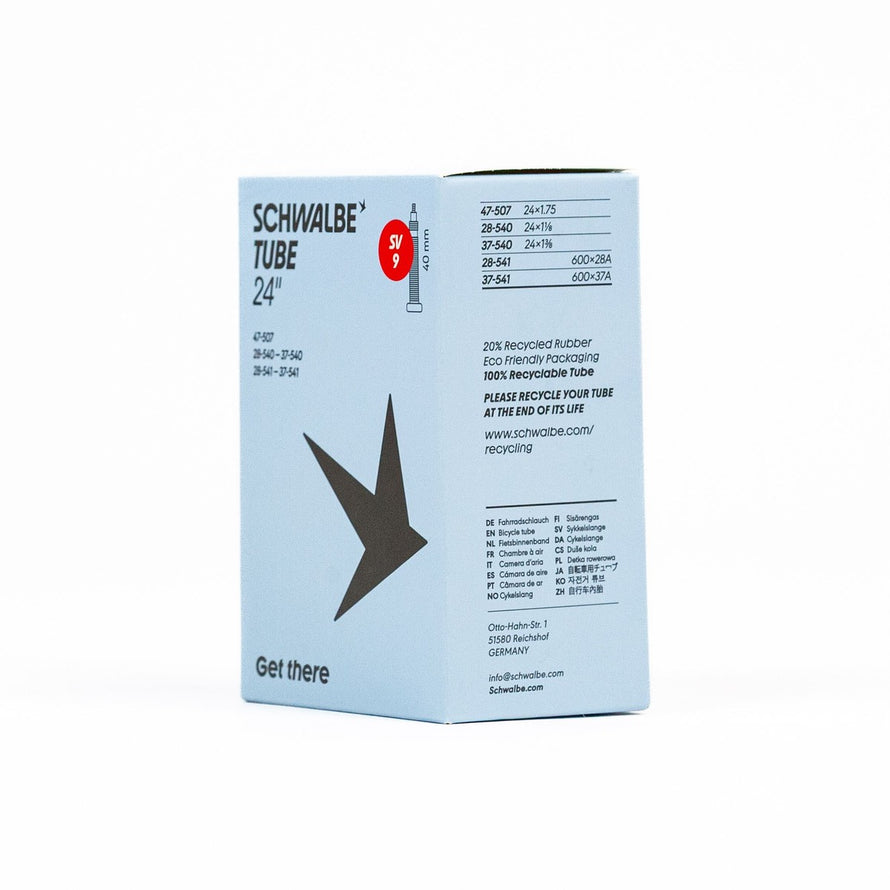 Emballage chambre a air Schwalbe 24 pouces 600A avec informations techniques et logo marque