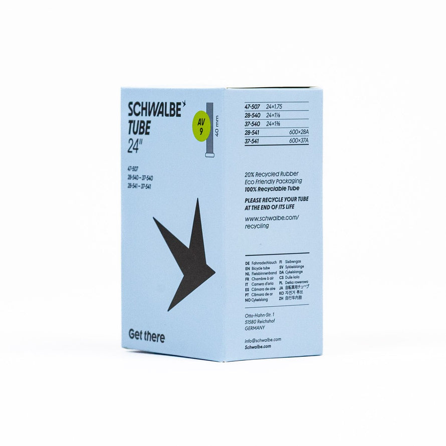 Emballage chambre a air Schwalbe 24 pouces 600A avec details techniques et informations marque