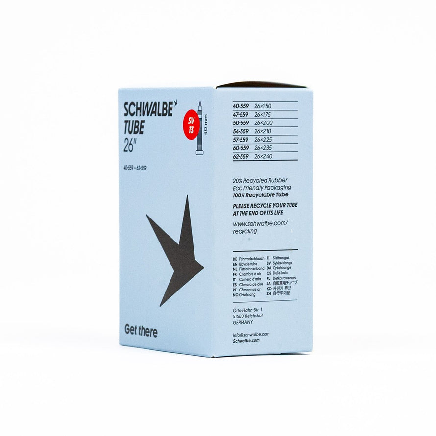 Emballage eco friendly chambre a air Schwalbe 26 pouces avec details tailles et valve SV13