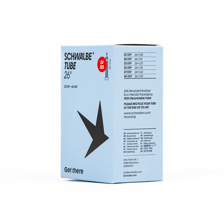 Emballage eco responsable chambre a air Schwalbe 26 pouces avec details techniques et marque