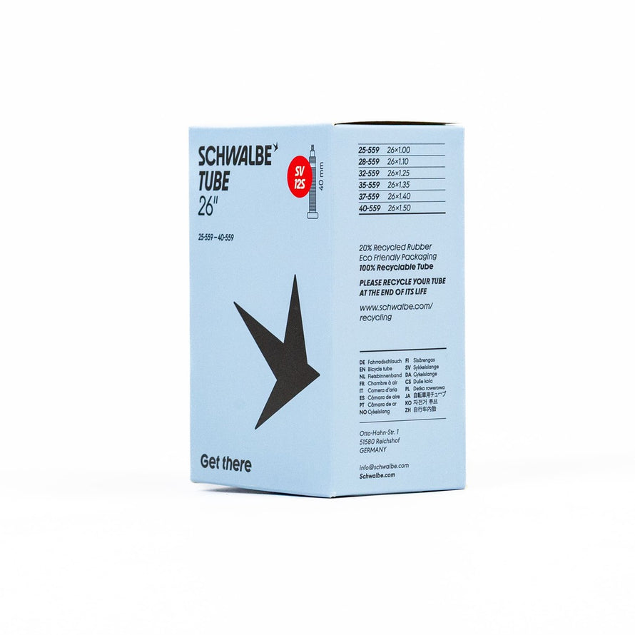 Emballage chambre a air Schwalbe 26 pouces avec details techniques et marque visible
