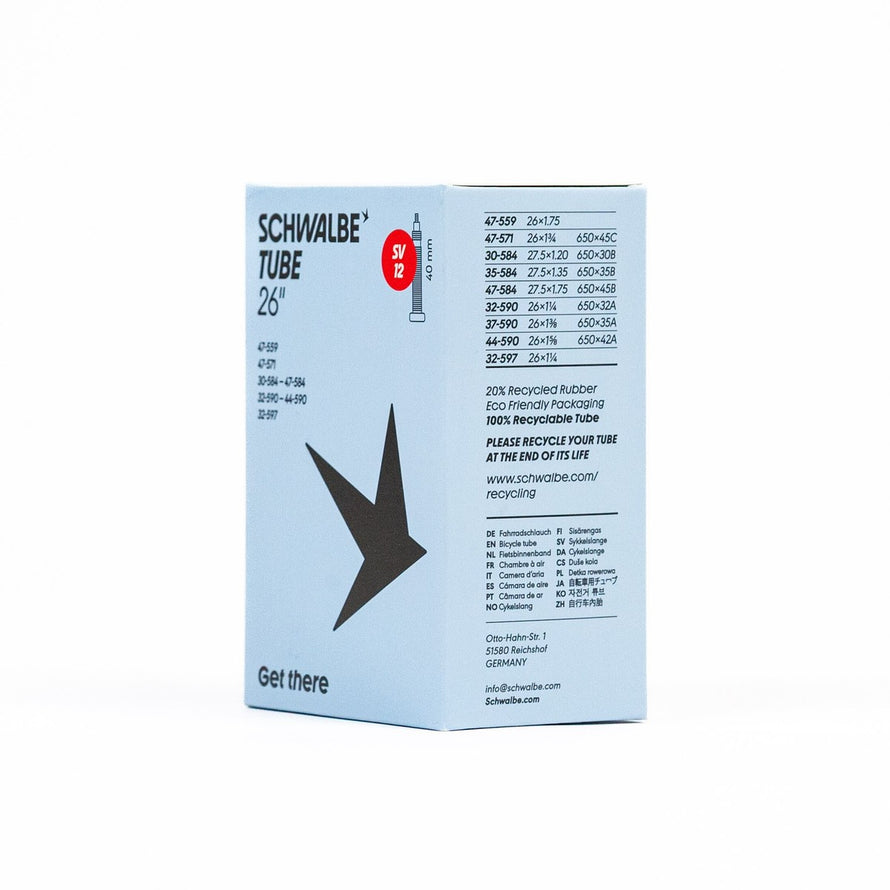 Boite chambre a air velo 650 Schwalbe avec specifications techniques et informations recyclage