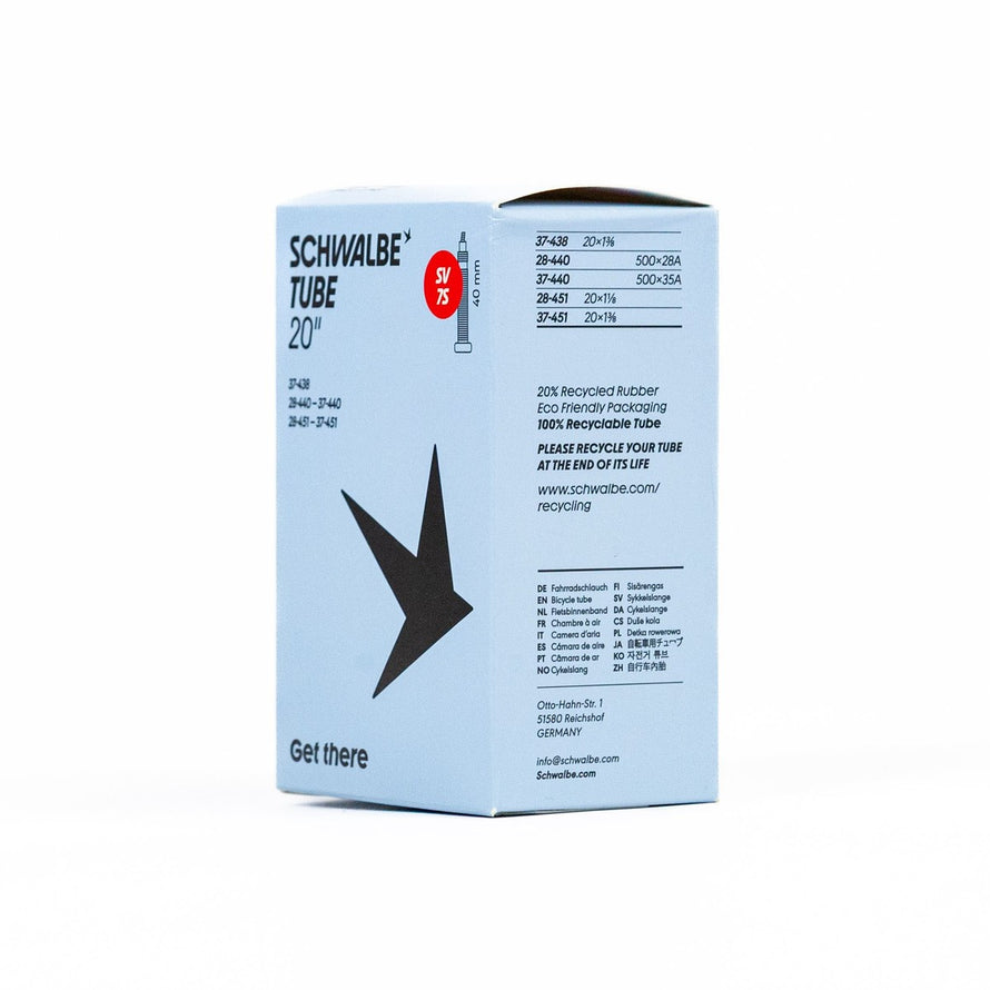 Emballage eco responsable chambre a air velo Schwalbe 500A avec details tailles et recyclage