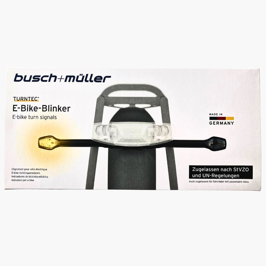 Optez pour les clignotants Busch & Müller Turntec, avant et arrière, conçus pour les VAE. Visibilité latérale optimale, sécurité renforcée en ville.