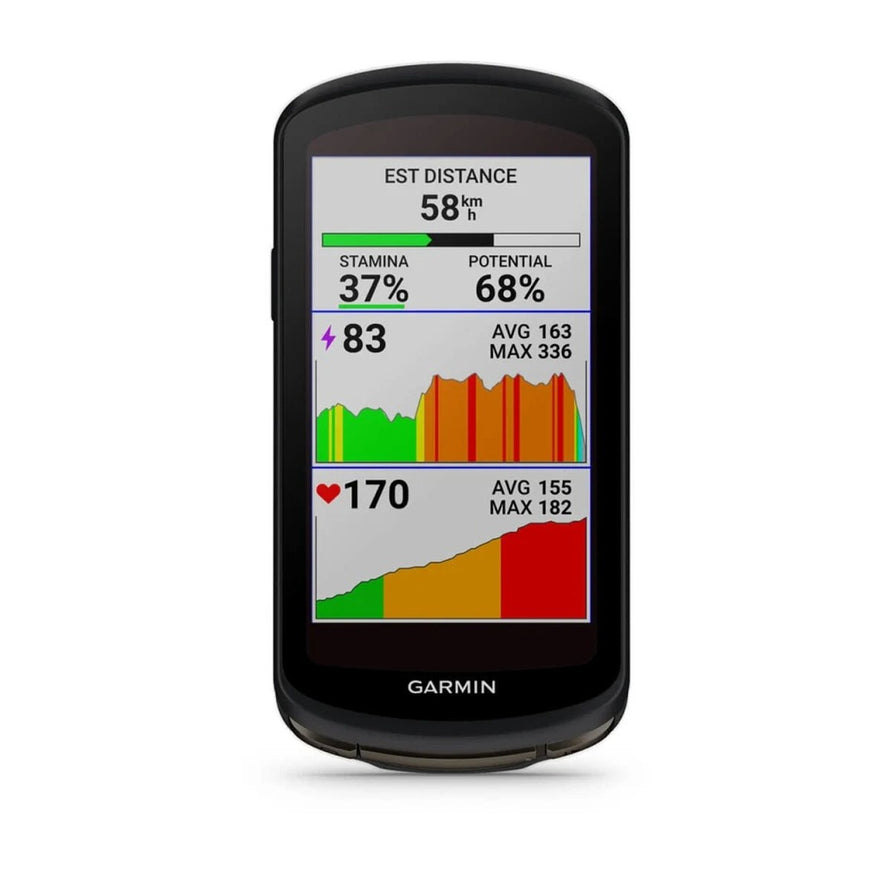 Compteur GPS Garmin Edge 1040 Solar affichant données cardio et puissance pour suivi précis du cyclisme