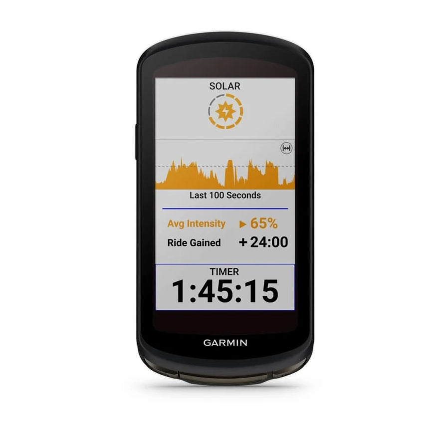Compteur GPS Garmin Edge 1040 Solar affichant les données de performance et autonomie solaire pour cyclistes