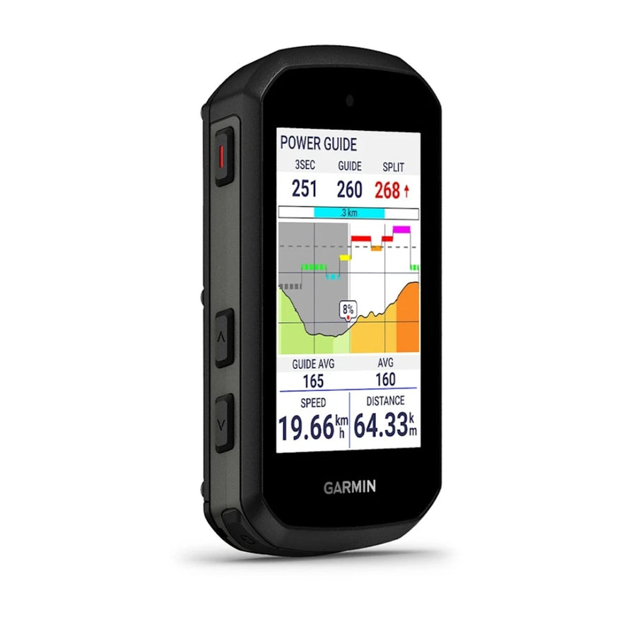 Compteur GPS Garmin Edge 550 affichant guide de puissance et statistiques de vitesse pour cyclisme