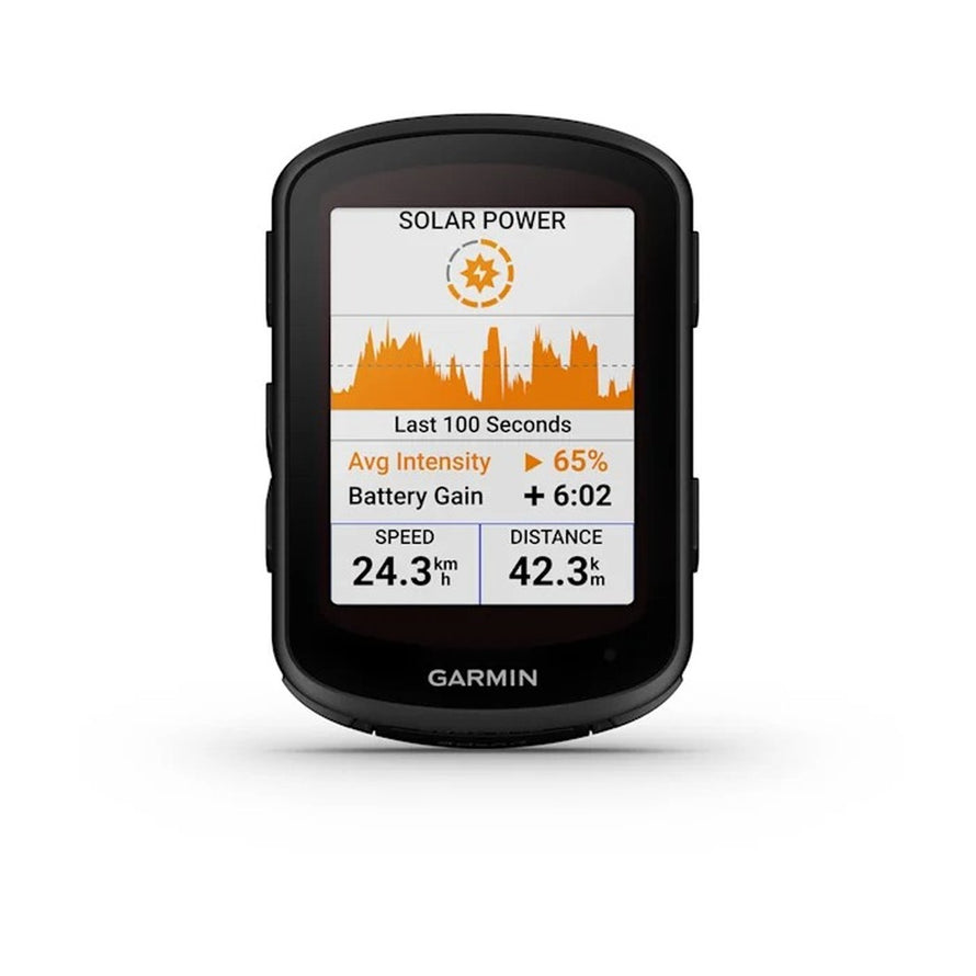 Compteur GPS Garmin Edge 840 Solar affichant données de vitesse, distance et puissance solaire pour cyclisme