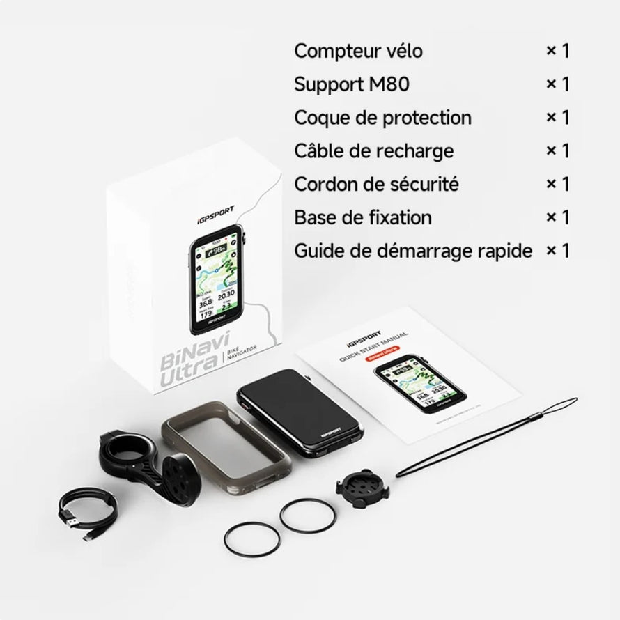 Contenu du pack compteur GPS IGPSPORT BiNavi ULTRA avec accessoires et guide de demarrage rapide pour velo