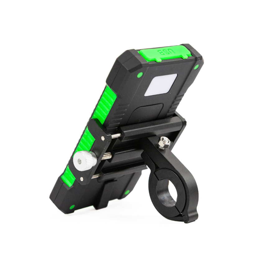 Batterie externe solaire 10 000 mAh avec support smartphone pour guidon de vélo, idéale pour recharger un téléphone en bikepacking ou voyage à vélo.