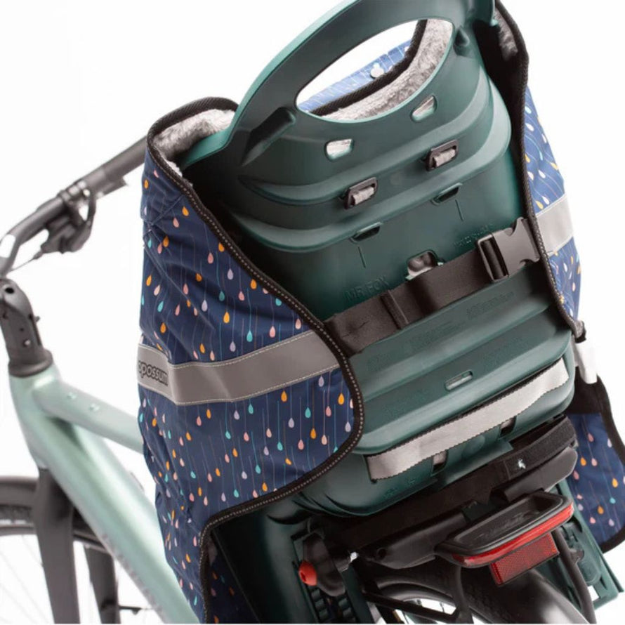 Fixation arrière de la coque thermique Opossum Magic Splash sur siège vélo enfant, housse coupe-vent et chaude