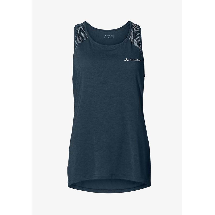 Debardeur Vaude Femme Sveit Top III navy avec motifs graphiques aux épaules, léger et confortable pour vélo
