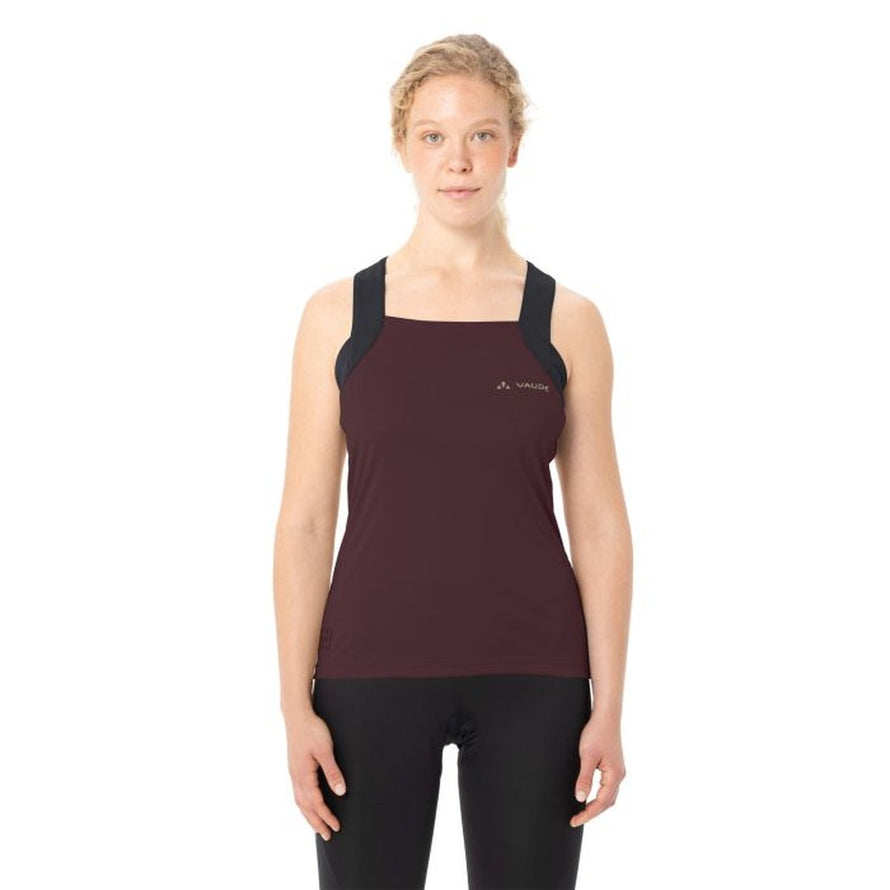 Débardeur vélo femme Vaude Matera bordeaux avec poches, coupe ajustée et tissu respirant pour confort et performance