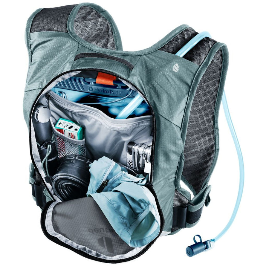 Sac a dos velo Deuter Rogla 5L gris bleu clair avec reservoir d'eau, ideal pour sorties sportives et longues distances