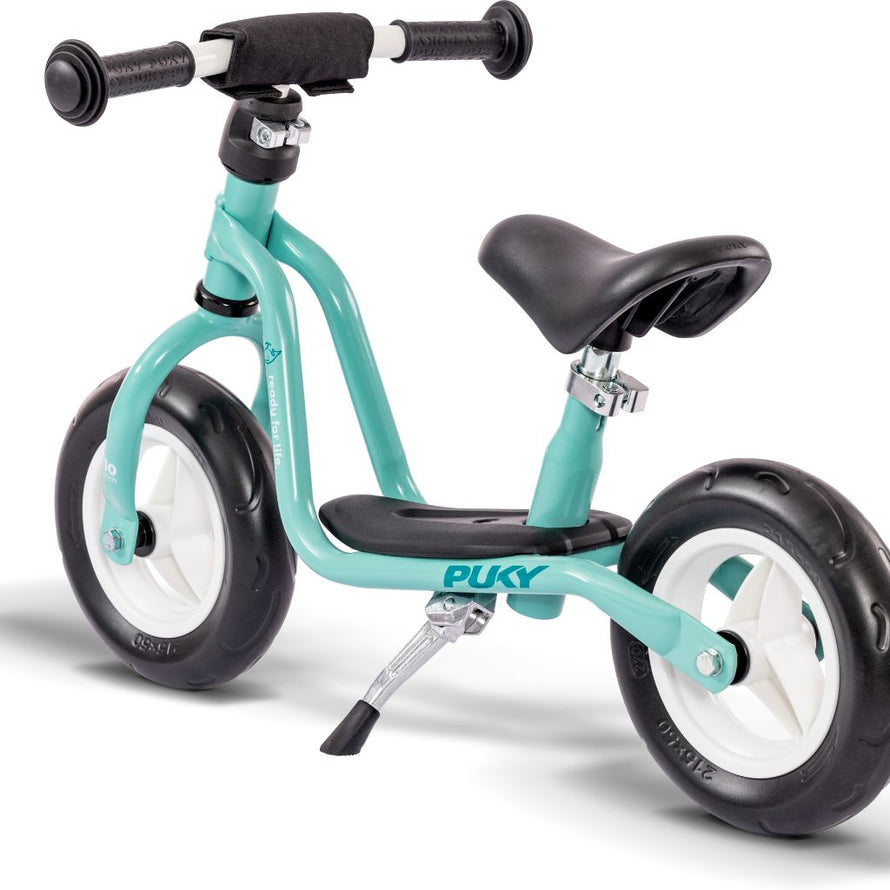 Draisienne Puky LR M enfant 2 ans vert d'eau avec béquille vue de côté
