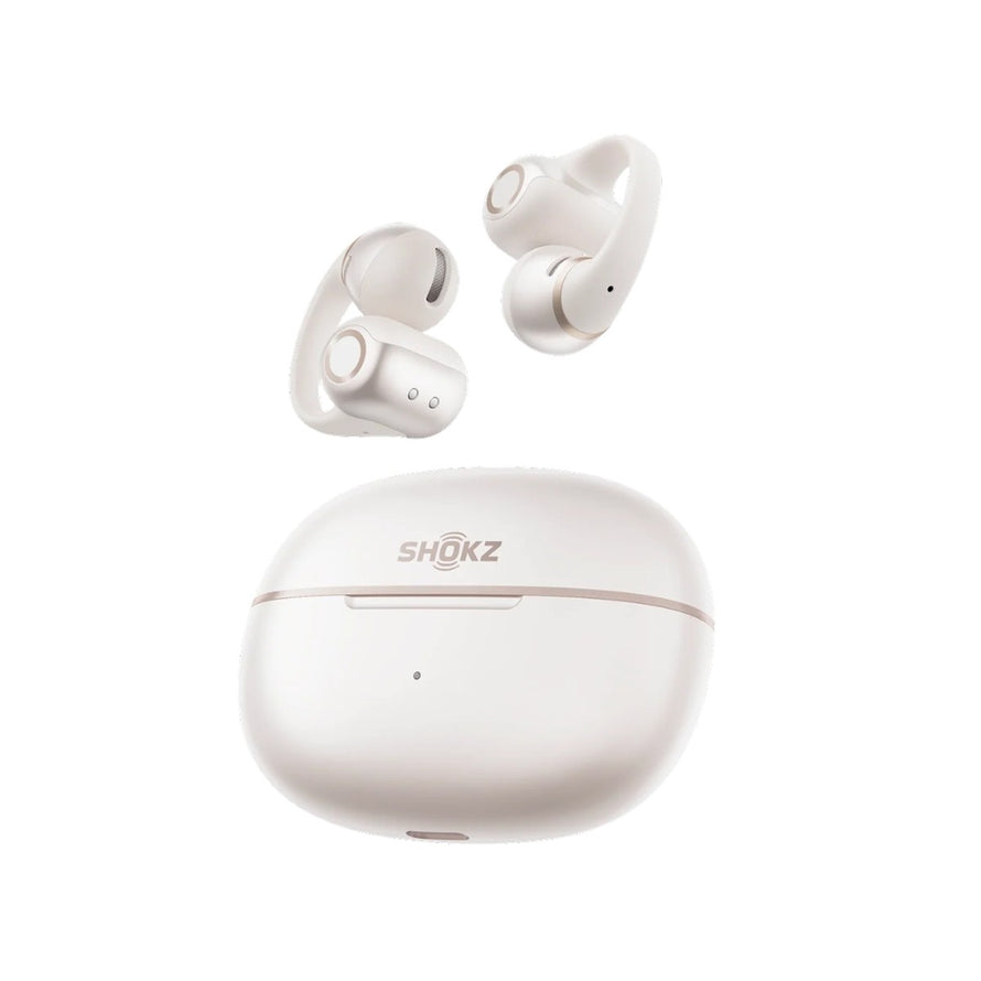 Ecouteurs bluetooth Shokz Opendots 2 avec boitier blanc compact pour une utilisation facile et nomade