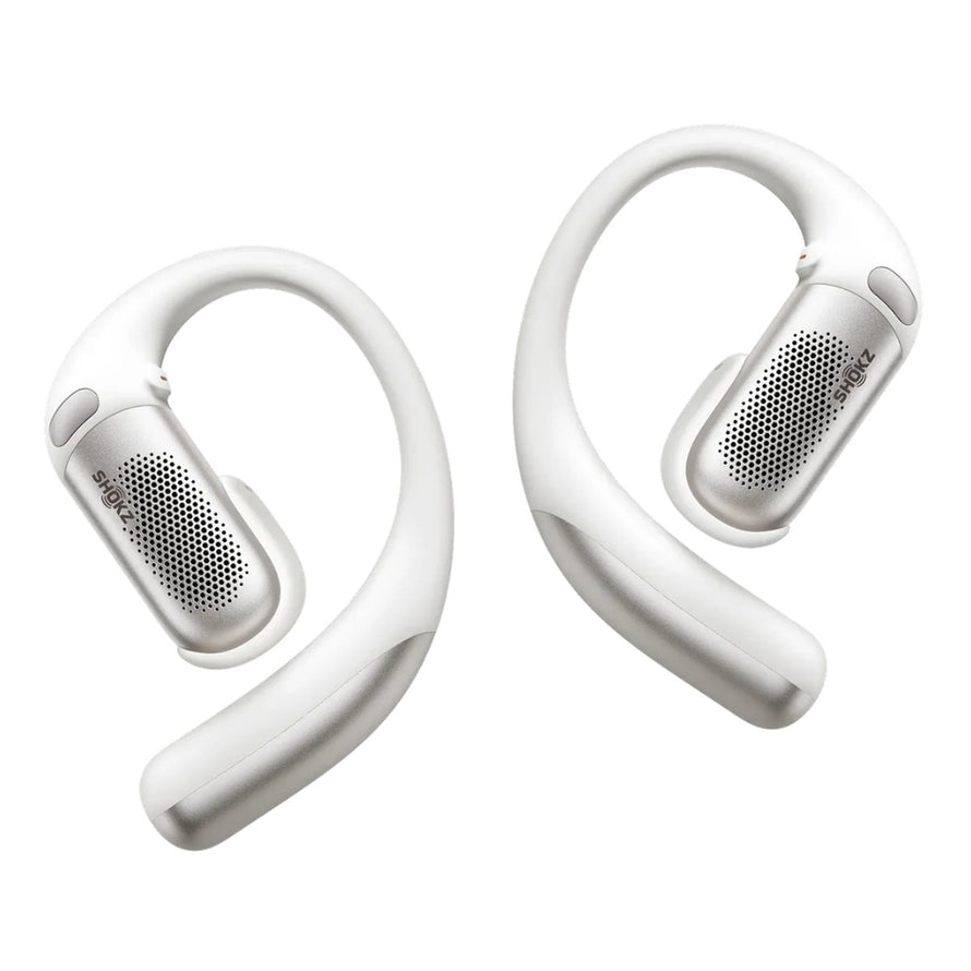 Ecouteurs bluetooth Shokz OpenFit Pro blanc metal avec technologie reduction de bruit et design ouvert