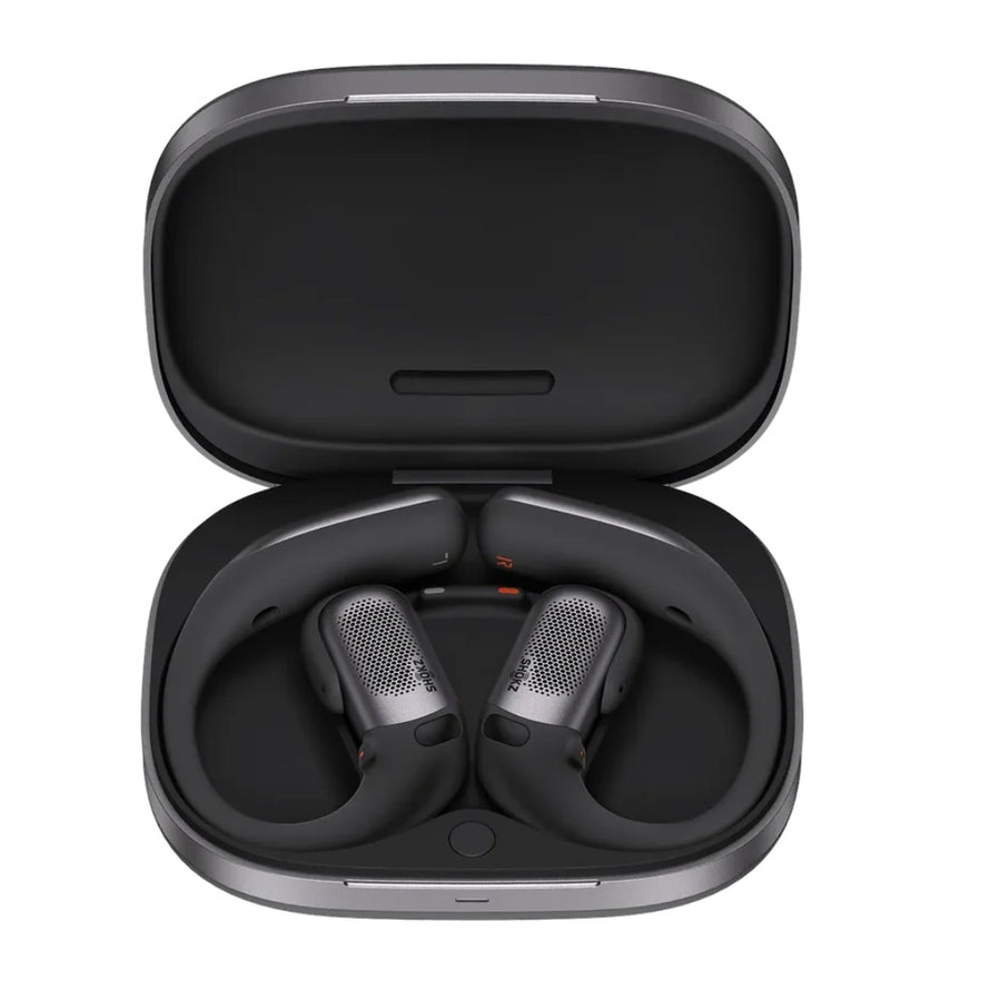 Ecouteurs bluetooth Shokz OpenFit Pro noirs avec boitier de charge compact et technologie reduction active du bruit