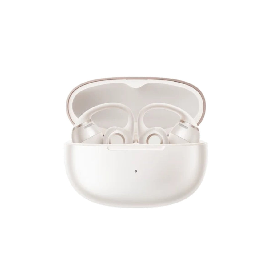 Boitier ouvert des ecouteurs bluetooth velo Shokz Opendots 2 blanc avec design compact et ergonomique
