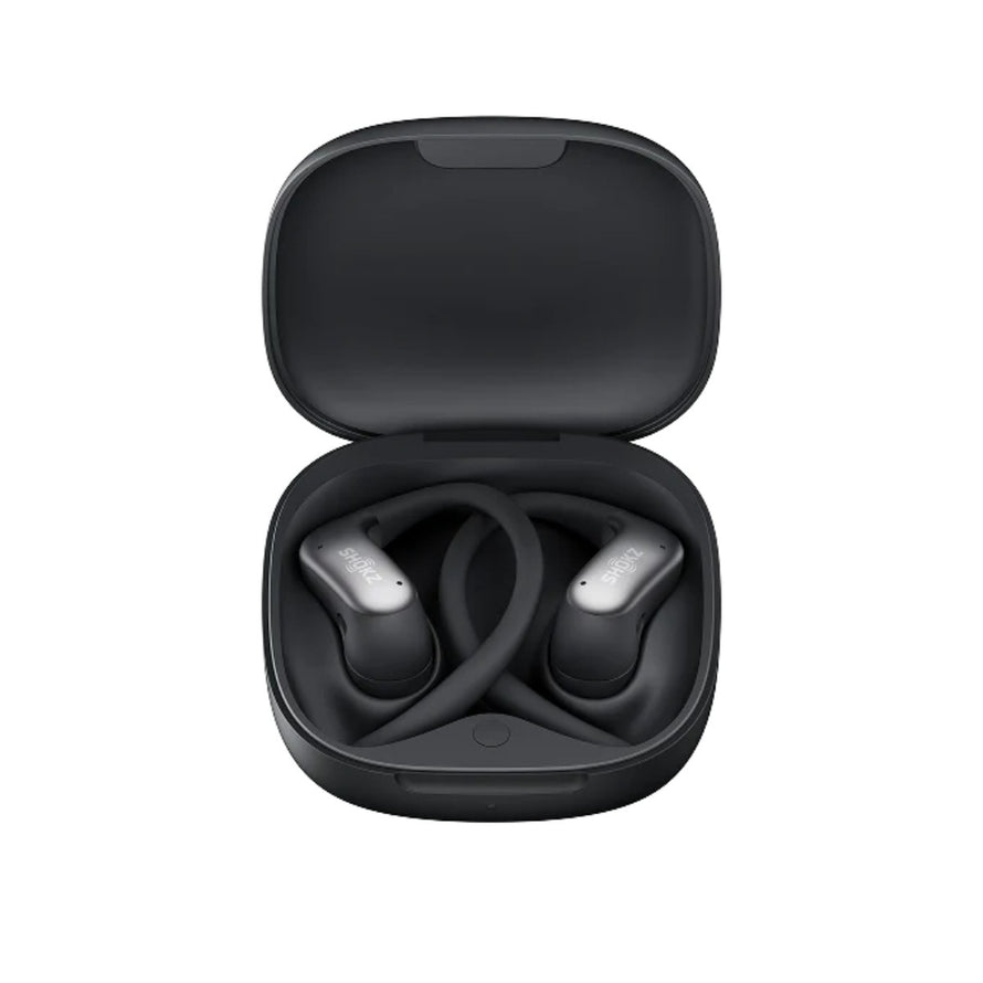 Ecouteurs velo Shokz OpenFit Air 2 dans leur coffret de rangement compact noir