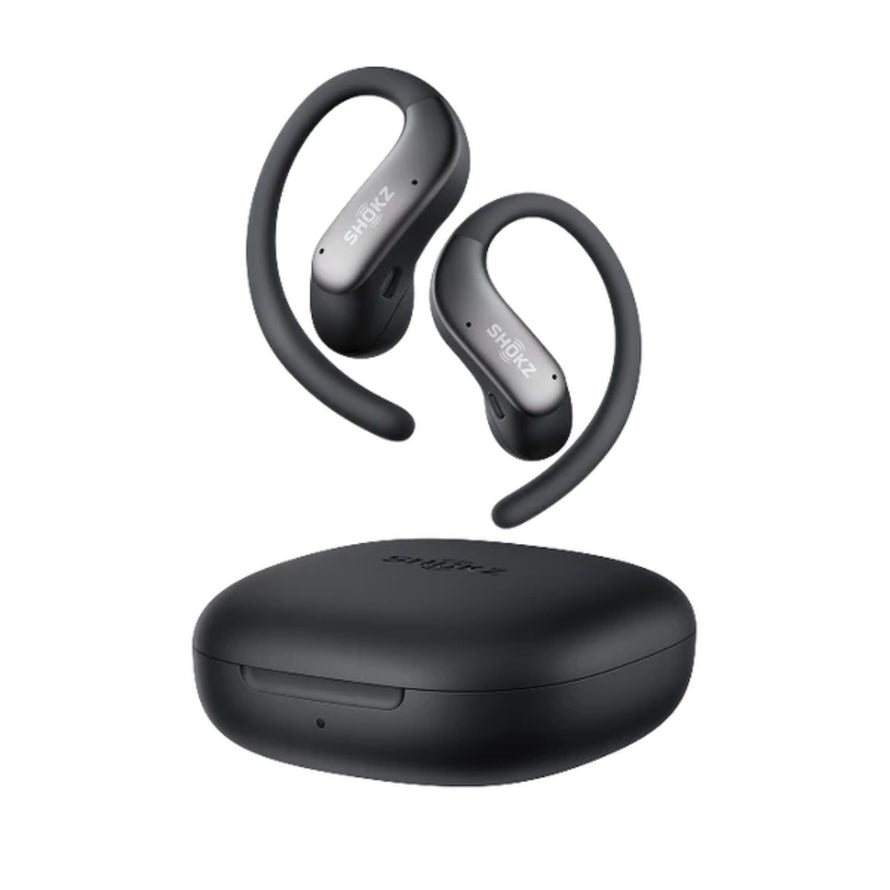 Ecouteurs vélo Shokz OpenFit Air 2 avec arceau ouvert et boîtier de charge noir compact