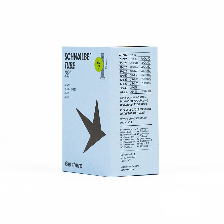 Emballage recyclable de la chambre à air vélo Schwalbe 700 28 pouces avec informations écologiques et techniques
