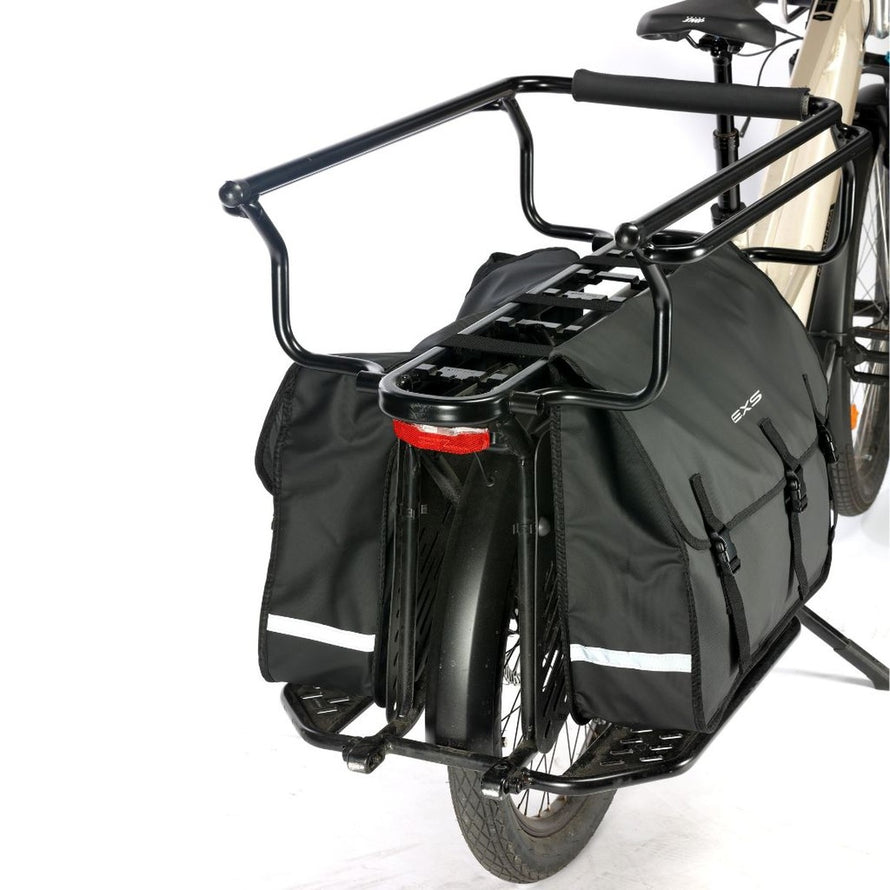 Sacoche double Longtail EXS noire avec bandes réfléchissantes pour vélo cargo, pratique et résistante