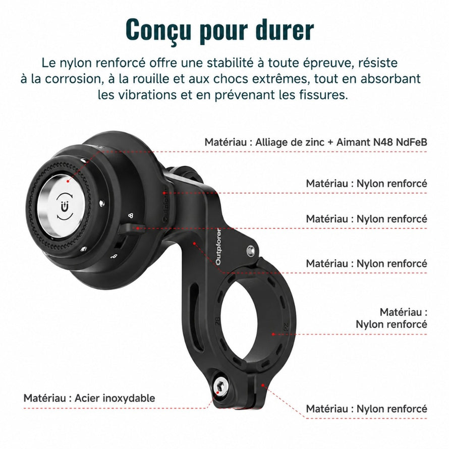 Fixation magnétique Outplorer QB01 pour smartphone sur guidon de vélo, robuste et résistante aux chocs
