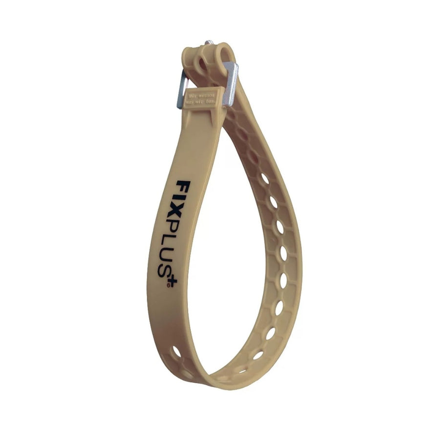 Sangle de serrage Fixplus 46cm en silicone beige avec clip metal pour fixation vélo fiable et ajustable