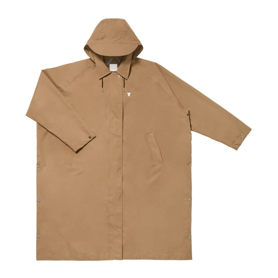 Trench-coat impermeable unisexe Fudoon marron avec capuche fermee, design epure et protection contre la pluie