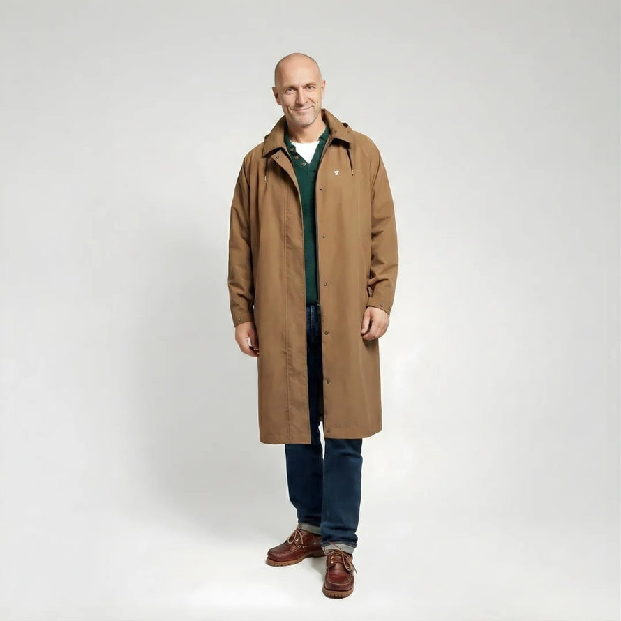 Trench-coat impermeable unisexe Fudoon marron, coupe droite longue, style casual et protection optimale contre la pluie