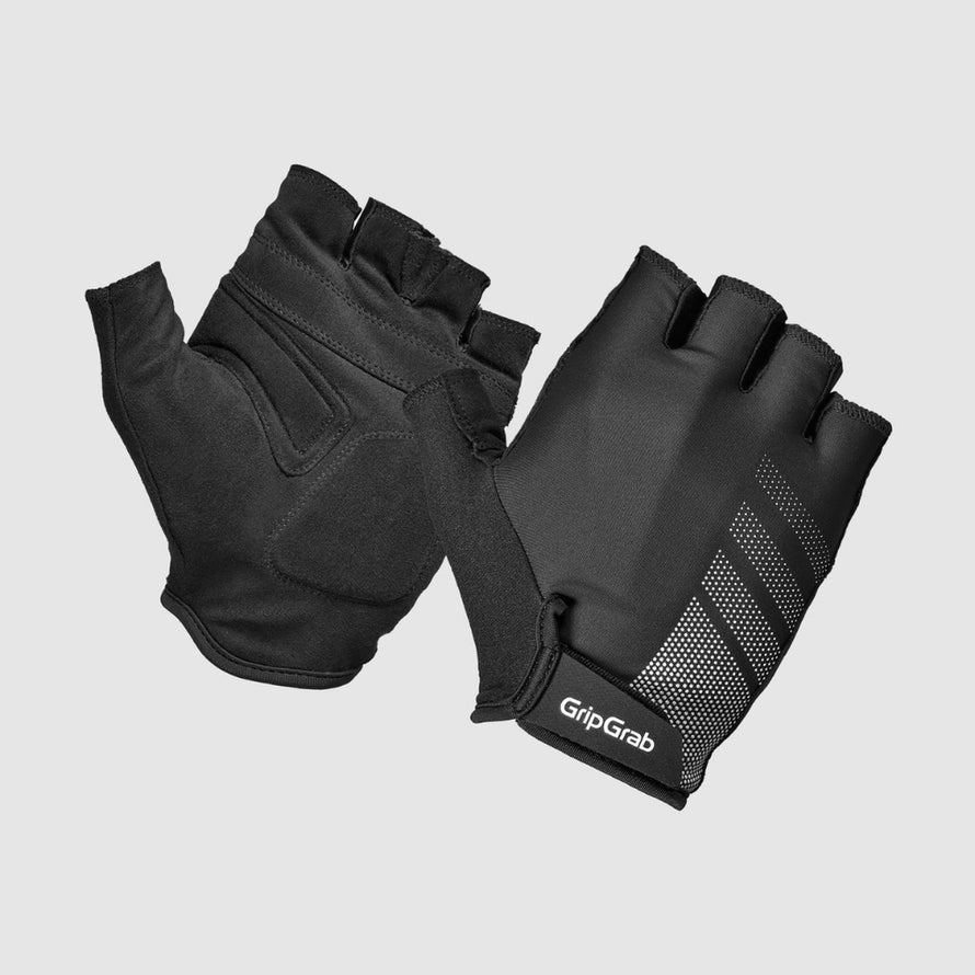 Gants courts vélo GripGrab Ride Lite noirs avec motif réfléchissant pour visibilité et confort en cyclisme