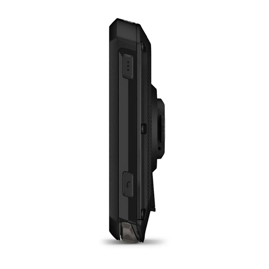 Profil lateral du compteur GPS tactile Garmin Edge 850 avec boutons de controle et design compact pour cyclistes