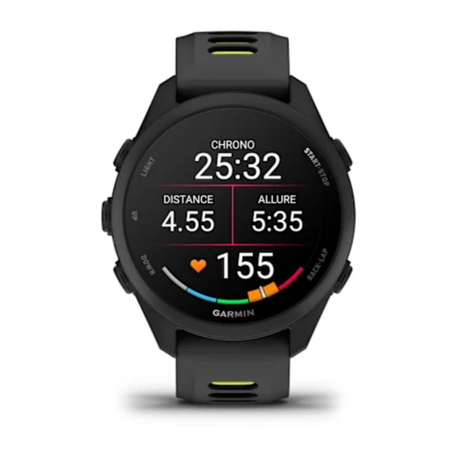 Montre connectee Garmin Forerunner 170 avec ecran digital noir affichant rythme cardiaque et distance