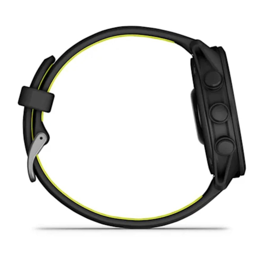 Montre connectee Garmin Forerunner 170 vue de profil cote avec bracelet sport noir et jaune