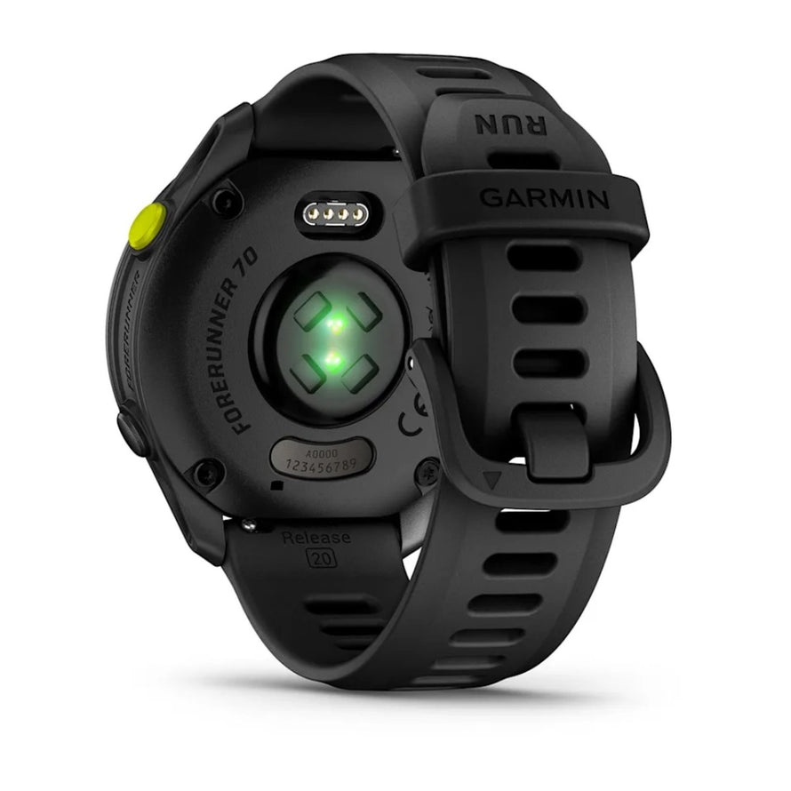 Montre connectee Garmin Forerunner 70 vue arriere avec capteur cardiaque et bracelet noir