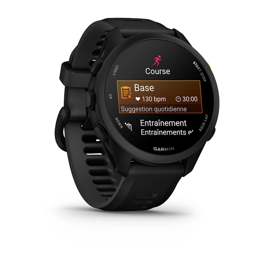 Montre connectee Garmin Forerunner 70 noire affichant ecran course avec rythme cardiaque et duree