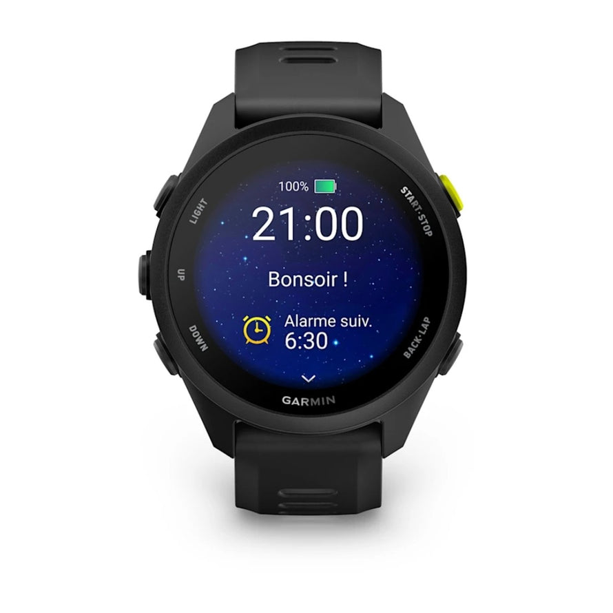 Montre connectee Garmin Forerunner 70 noire affichant ecran de nuit avec heure et alarme active