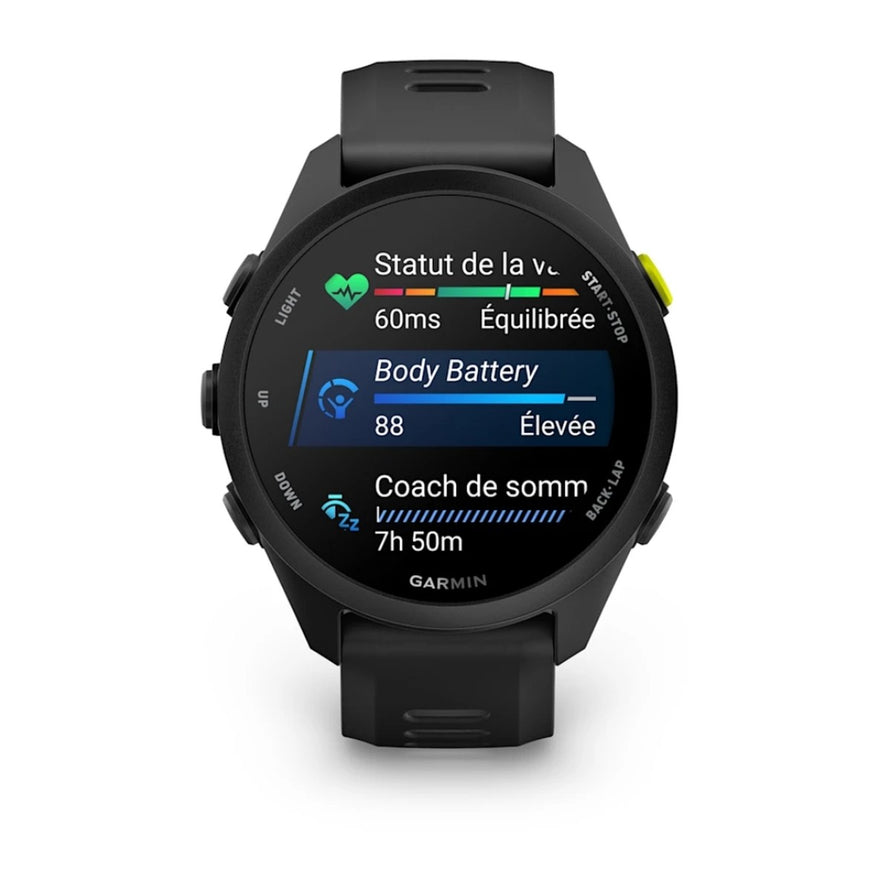 Montre connectee Garmin Forerunner 70 noire affichant suivi sante et sommeil precise